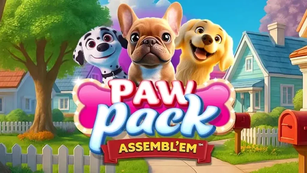 Tampilan visual slot Paw Pack Assembl’Em dengan karakter anjing kartun